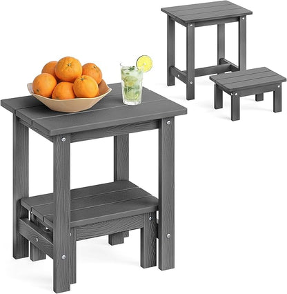 LUE BONA Outdoor Side Table, 2-Tier HDPS Outdoor Nesting End Table with Removable Small Foot Stool for Patio, Deck, Poolside, Low Maintenance & Weather Resistant,Dark Gray