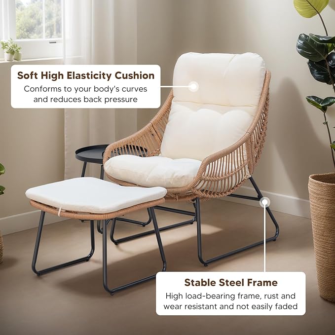 PROHIKER Outdoor Chaise Lounge Chair Set, Indoor Wicker Papasan Egg Chair with Thick Cushion, Ottoman and Table, Oversized Rattan Reading Lounge Recliner for Living Room Patio Yard, Beige