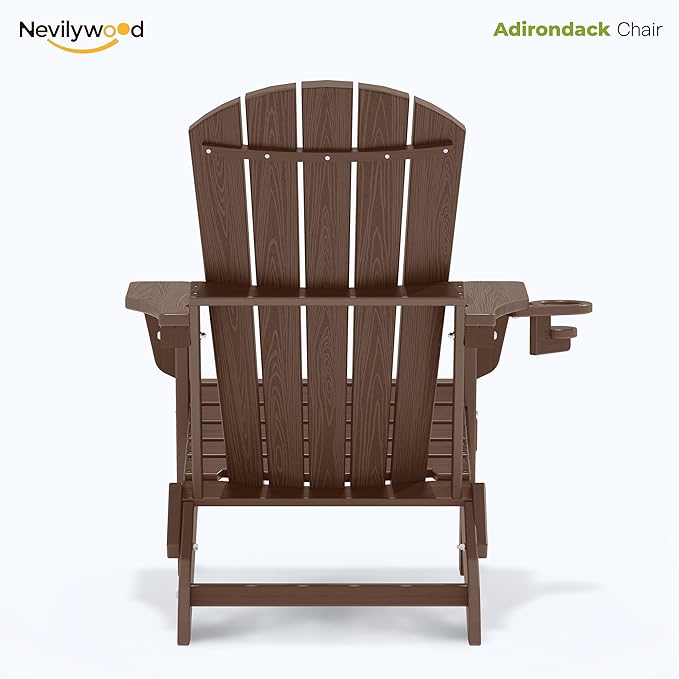 nevilywood Folding Adirondack Chair with Cup Holder, HDPE Patio Chairs, All-Weather Outdoor Chairs for Backyard, Deck, Fire Pit-Coffee