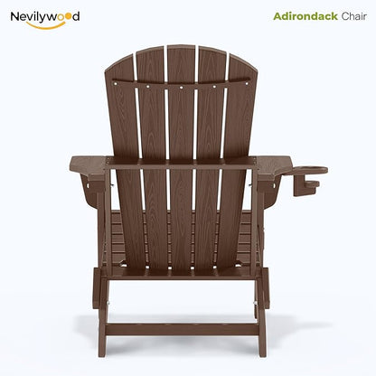nevilywood Folding Adirondack Chair with Cup Holder Set of 2, HDPE Patio Chairs,All-Weather Outdoor Chairs for Backyard, Deck,Fire Pit-Coffee