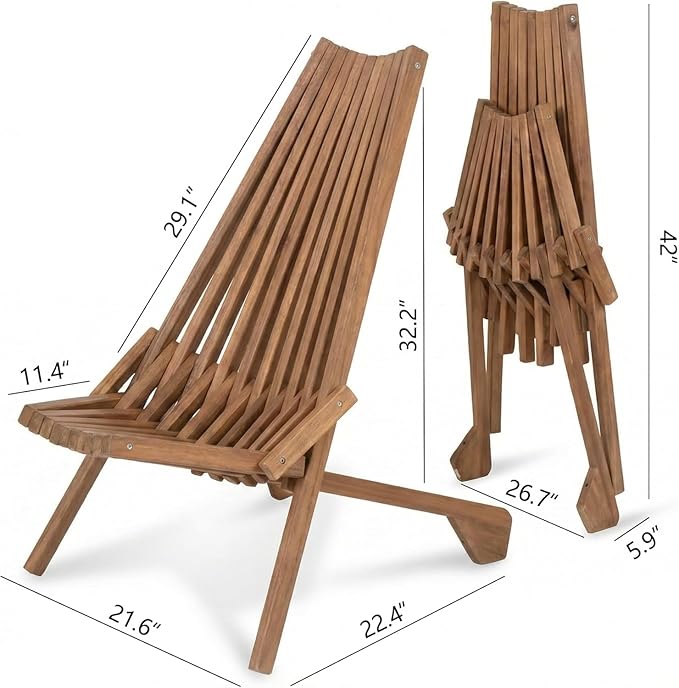 Folding Wooden Outdoor Chair, Stylish Low Profile Acacia Wood Lounge Chair for The Porch, Lawn - Photo 3