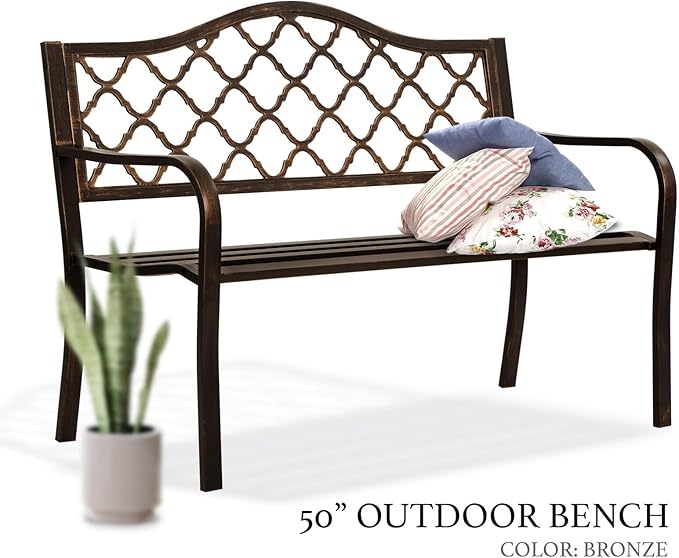 AJP Distributors 50" Outdoor Bench Garden Bench with Diamond Pattern Steel Metal Frame Park Bench Cast Iron Backrest Armrests for Patio Lawn Yard Deck Front Porch Backyard Driveway Balcony Furniture