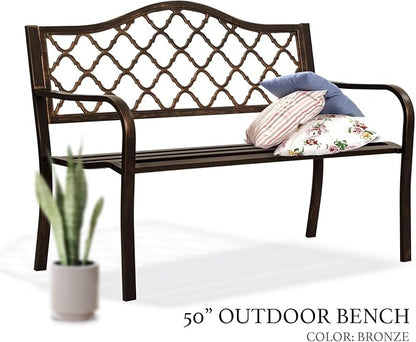 AJP Distributors 50" Outdoor Bench Garden Bench with Diamond Pattern Steel Metal Frame Park Bench Cast Iron Backrest Armrests for Patio Lawn Yard Deck Front Porch Backyard Driveway Balcony Furniture