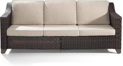 77'' Patio Sofa, All Weather Outdoor Rattan Wicker 3-Seat Sofa High Back Couch with Premium Cushions for Garden Backyard Porch(Brown/Beige)