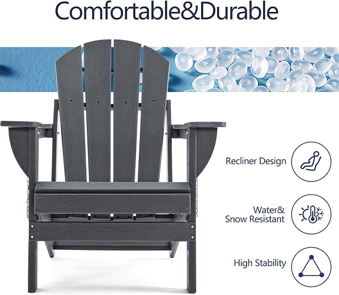 Folding Adirondack Chair, HDPE Outdoor Texture Lawn Chair with Reclining Back, Cup and Phone Holder - Comfortable Firepit Chair Weather Resistant for Patio or Backyard (Grey, Set of 1)