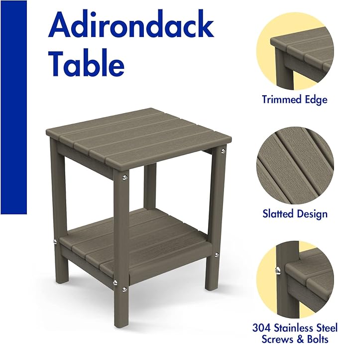 BRIOPAWS Outdoor-Side-Table | Small | Wood Grain | HDPE Plastic | Patio End-Table | 2-Shelf Adirondack Outside Tables | All Weather | for Poolside Front Porch Indoor Living Room | 14" x 13"