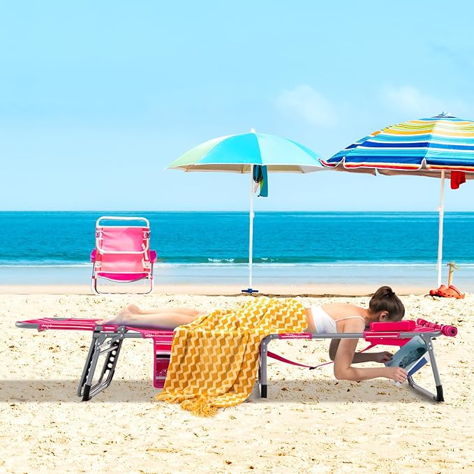 GYMAX Tanning Chair, 330LBS Beach Lounge Chair w/Face Arm Hole & Shoulder Strap, Folding Layout Sunbath Chair, Face Down Outdoor Chaise Lounger for Patio, Poolside, Lawn, Backyard (2, Pink Stripe)