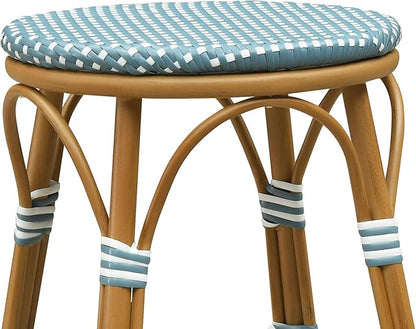 PURPLE LEAF Patio French Round Counter Stool 26" Set of 2 Large Seat Backless Handwoven Wicker Rattan Barstools Bamboo Finish Aluminum Frame for Indoor Outdoor Bistro Cafe Soft Blue