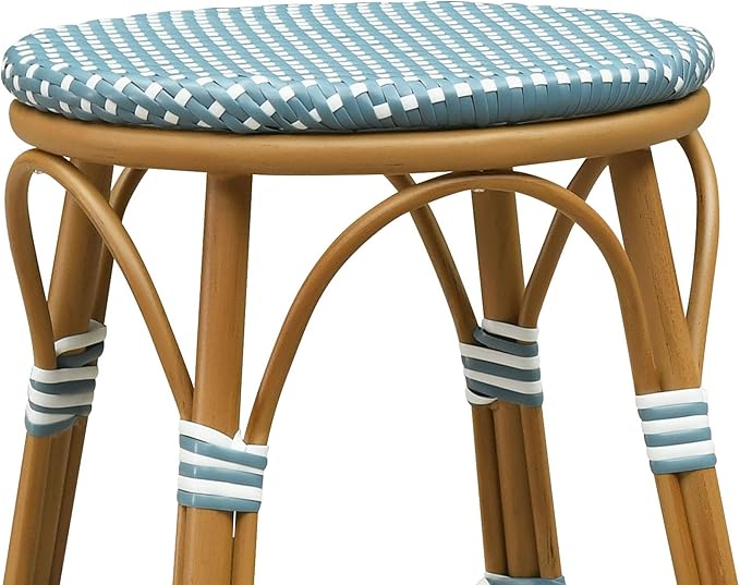 PURPLE LEAF Outdoor French Round Bar Stool Set of 2 Large 30" Armless Handwoven Rattan Wicker Barstools with Bamboo Print Aluminum Frame Footrest for Patio Restaurant Bistro Soft Blue