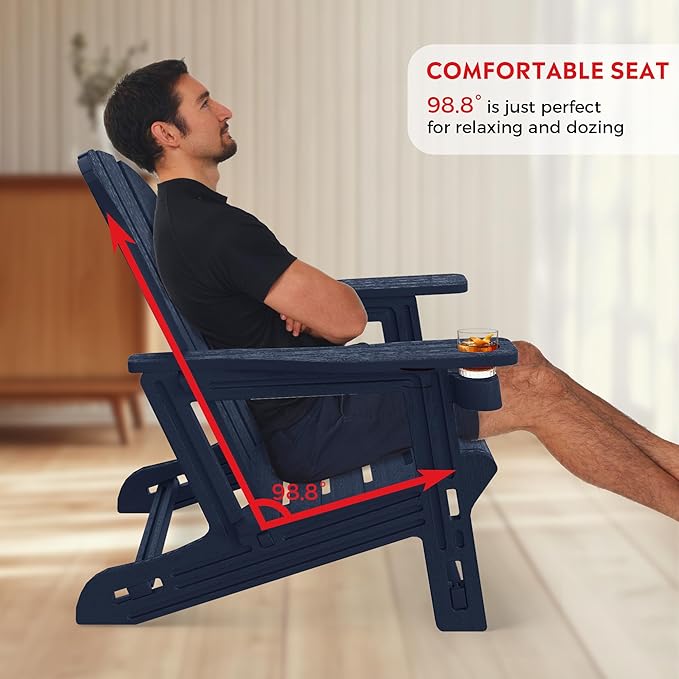 Costaelm Cayman Hardware-Free Assembly Outdoor Patio HDPE Poly Plastic Adirondack Chair with Cup Holder (Set of 2), Navy Blue