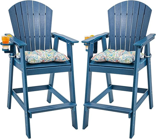 Sundale Outdoor Adirondack Bar Chairs Set of 2, Patio HDPE Bar Stools with Backrest, 30 Inch Seat Height Bistro Tall Dining Counter Barstools with Cushion, All-Weather Pub Height Chair, Navy Blue