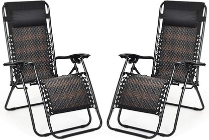 Tangkula Patio Rattan Zero Gravity Lounge Chair, Outdoor Folding Lounge Chair w/Removable Head Pillow, Adjustable Lounge with Widened Armrest & Locking System for Balcony Yard Poolside (2, Brown)