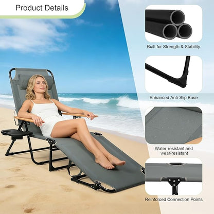 Folding Lounge Chairs for Outside, Beach Patio Lounge Chair, Sunbathing/Tanning Chair with 4 Adjustable Backrest & Cup & Pillow,Holds 330 Lb, Outdoor Garden Pool (Gray)