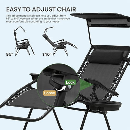Athena Collection Folding Zero Gravity Chair with Canopy, Adjustable Lounge Chair Recliner, Outdoor Lawn Chair Camping Chairs Beach Chaise Chairs with Headrest & Cup Holder for Patio Pool, Black