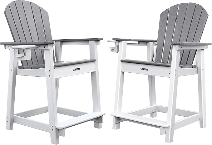 Tall Adirondack Chairs Set of 2, Adirondack Barstools, Weather Patio Garden Pool Fire Pit Balcony Outdoor Bar Stools HDPE Plastic Barstools with Backs for Garden, Backyard, Yard (Grey)