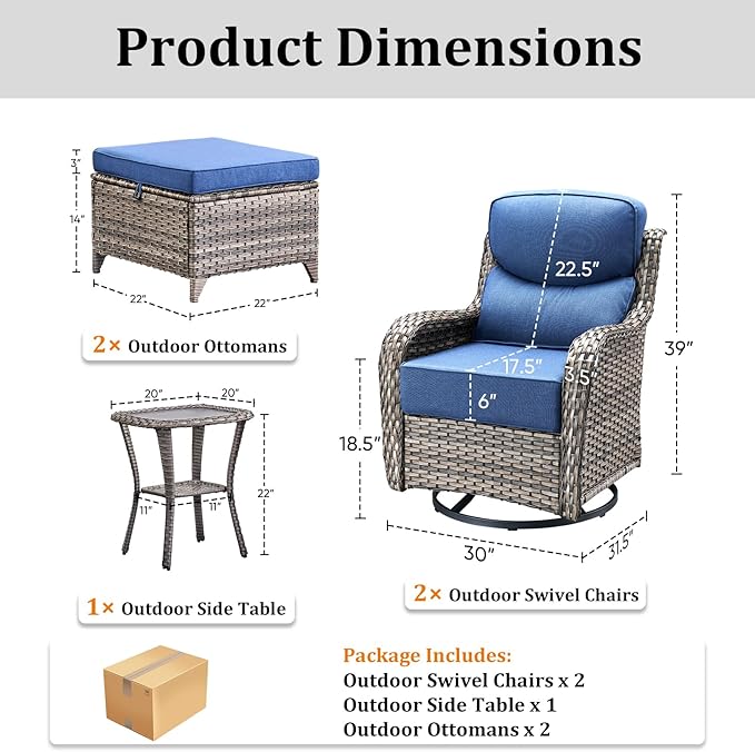 Luxury Outdoor Swivel Rocker Patio Chairs Set of 5, High Back Patio Chairs with Side Table & 6" Thick Cushions, Ottomans - Photo 8