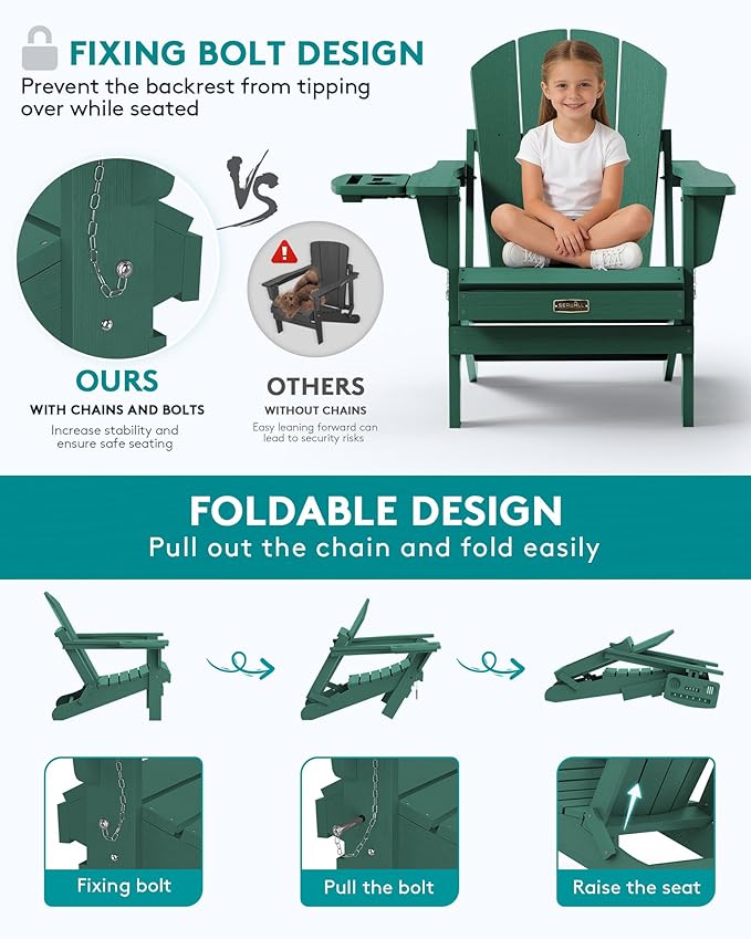 SERWALL Folding Adirondack Chair, Outdoor Adirondack Chairs with 4 in 1 Cup Holder, Weather Resistant Plastic Patio Chair for Garden, Backyard, Deck, Lawn, Fire Pit- Green