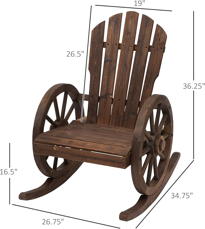 AMNOOL Outdoor Wooden Rocking Chair with Slatted Design and Extra Large Backrest Outdoor Rocking Chair with Wagon Wheel Armrest for Porch, Patio, Poolside, Balcony, Relaxing Gift for Parents, Brown
