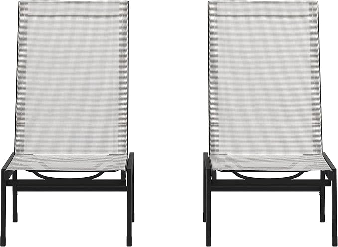 Flash Furniture Brazos Set of 2 Adjustable Chaise Lounge Chairs, Outdoor Five-Position Recliners, All Weather, Black/Gray