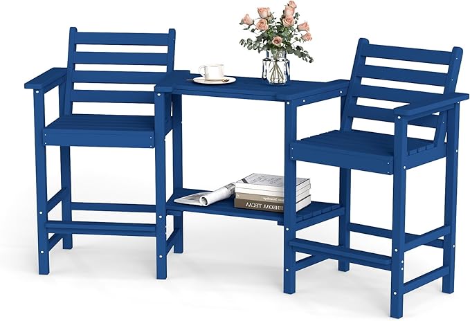 Tall Adirondack Chairs Set of 2, Bar Height HDPE Outdoor Chairs with Connecting Tray & Umbrella Hole, Balcony Patio Adirondack Chairs for Deck, Garden, Lawn(Navy Blue)