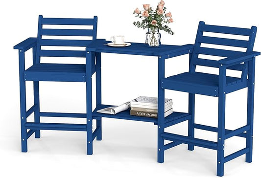 Tall Adirondack Chairs Set of 2, Bar Height HDPE Outdoor Chairs with Connecting Tray & Umbrella Hole, Balcony Patio Adirondack Chairs for Deck, Garden, Lawn(Navy Blue)