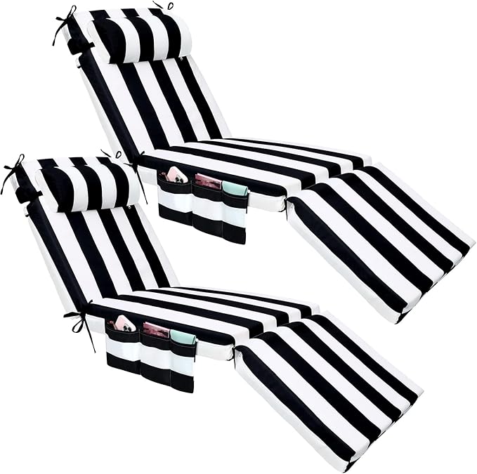 RattanView 2 Pcs Outdoor Chaise Lounge Cushion with Pillow and Side Pockets Waterproof Lounge Chair Cushions for Outdoor Furniture Patio Lounger Pad for Outside Pool Lawn (Black White,72 x 21 x 4)