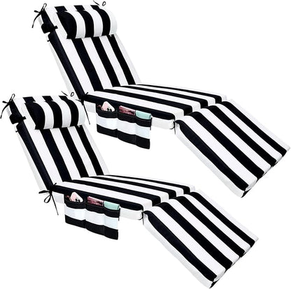 RattanView 2 Pcs Outdoor Chaise Lounge Cushion with Pillow and Side Pockets Waterproof Lounge Chair Cushions for Outdoor Furniture Patio Lounger Pad for Outside Pool Lawn (Black White,72 x 21 x 4)
