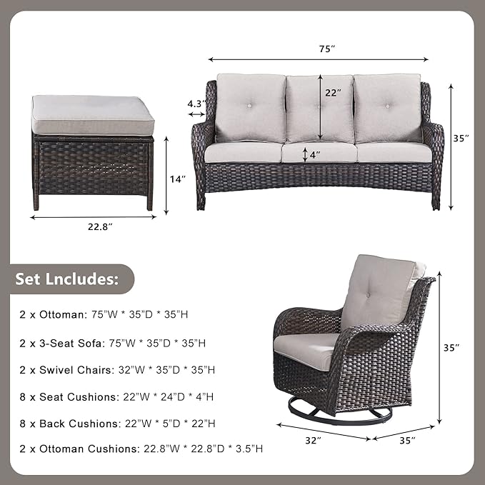 Rilyson Wicker Patio Furniture Set - 6 Piece Rattan Outdoor Sectional Conversation Sets with 2 Rocking Swivel Chairs - Photo 3
