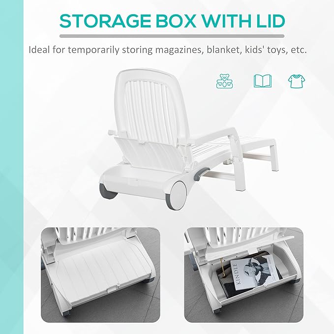 Outsunny Outdoor Chaise Lounge Chair on Wheels with Storage Box, Waterproof Lounger with Quick Assembly, Folding Design, 5 Level Adjustable Backrest for Pool, Beach, Patio, Garden, White