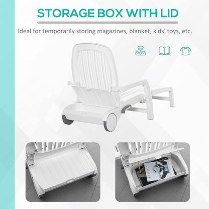 Outsunny Outdoor Chaise Lounge Chair on Wheels with Storage Box, Waterproof Lounger with Quick Assembly, Folding Design, 5 Level Adjustable Backrest for Pool, Beach, Patio, Garden, White