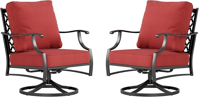 Metal Outdoor Swivel Patio Chairs Set of 2 with 5.75" Extra Thick Cushion, 2 Piece High Back Swivel Rocker Patio Chairs Outdoor Furniture Seating for Deck Balcony Front Porch, Rust Red