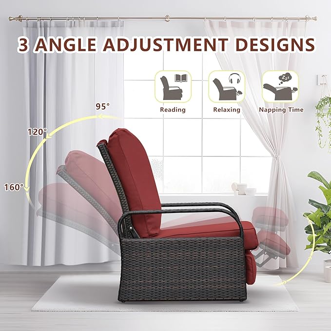ATR ART TO REAL Outdoor Recliner, Set of 2 Wicker Reclining Chair with Coffee End Side Table, Aluminum Frame Patio Chaise Lounge Chairs with Thicken Cushions (Red)