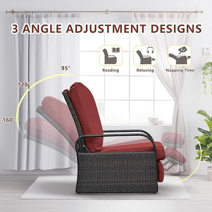 ATR ART TO REAL Outdoor Recliner, Outdoor Resin Wicker Patio Recliner Chair with 5.5'' Cushions, Patio Furniture Auto Adjustable Rattan Sofa, UV/Fade/Water/Sweat/Rust Protected, Easy to Assemble (Red)