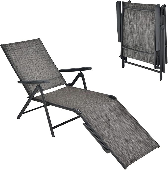 Tangkula Folding Lounge Chair Outdoor, Recliner Chaise Lounge with 5-Position Adjustable Backrest & 2-Position Footrest, No Assembly Required, Suitable for Patio Poolside Beach Yard (1, Grey)