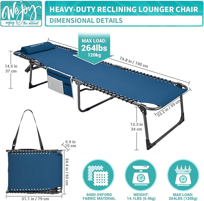 #WEJOY Folding Lounge Chair Outdoor, 5-Position Adjustable Sunbathing Tanning Chair with Shoulder Strap & Side Pocket - Photo 2