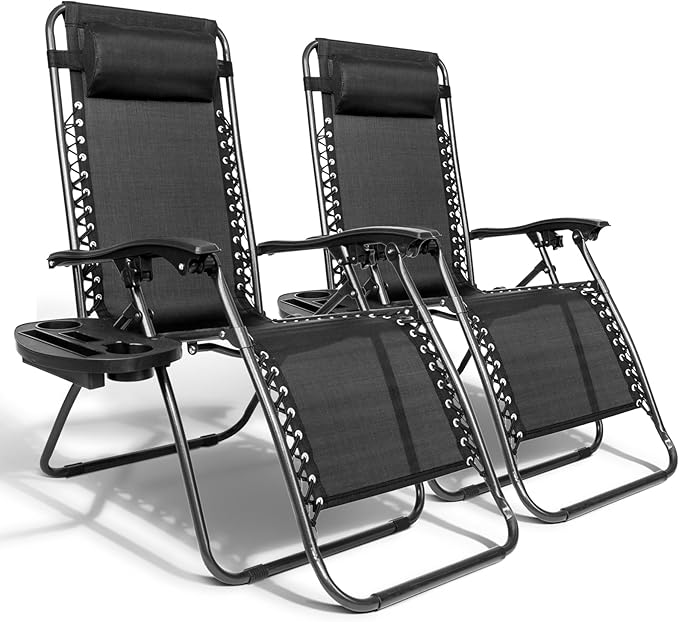 Bonnlo Zero Gravity Chair Set of 2 Patio Folding Lounge Chairs Outdoor Recliners with Pillow and Cup Holder Adjustable Reclining Lawn Chair for Deck,Patio,Beach,Yard (Black)