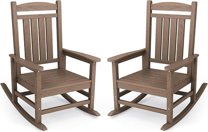 KINGYES HDPE Outdoor Rocking Chair Set of 2, Widened Seat Patio Rocking Chair, Oversized All Weather Patio Rocker, Brown