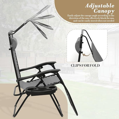 Athena Collection Patio Chairs Set of 2 Reclining Lounge Chair with Cup Holder and Pillow Fabric Camping Chairs with Canopy Foldable Beach Chairs for Garden, Park, Deck, Yard, Poolside, Grey
