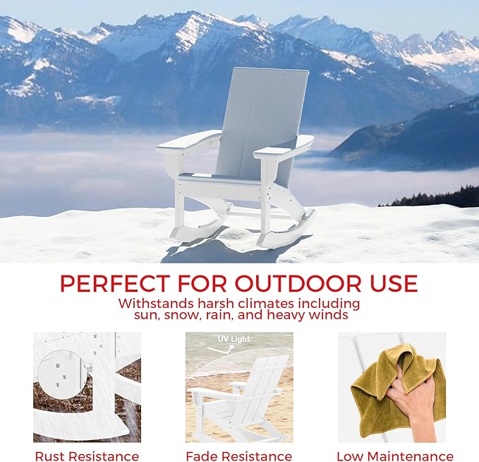Costaelm Outdoor Adirondack Chair, All Weather Resistant Lawn Chairs Balcony Chair and Fire Pit Chairs, Patio Chair Outdoor Porch Rocking Chair High Back HDPE Poly Lumber, White