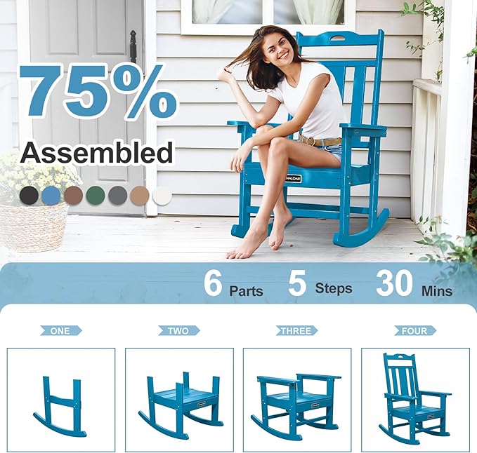 nalone Outdoor Rocking Chairs Set of 2, Oversized Porch Rocker Chair for Adult, All-Weather Resistant Patio Rocking Chair for Garden Lawn (Blue)