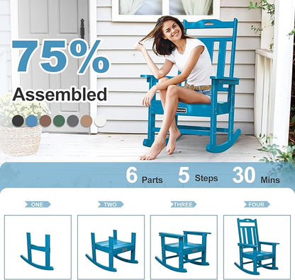 nalone Outdoor Rocking Chairs Set of 2, Oversized Porch Rocker Chair for Adult, All-Weather Resistant Patio Rocking Chair for Garden Lawn (Blue)