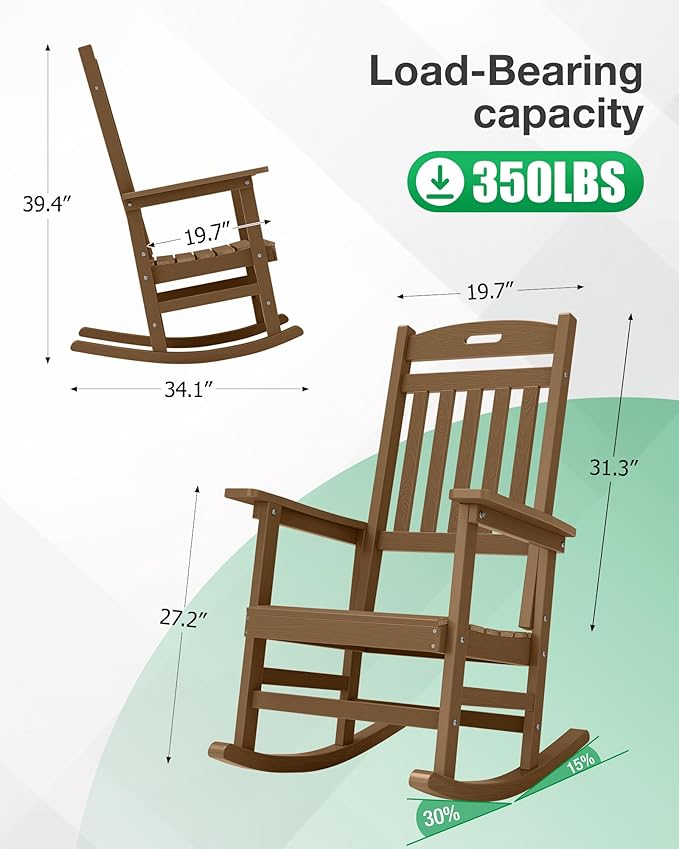YEFU Porch Rocking Chairs Set of 2: Plastic Rocking Chairs for Outside, Weather Resistant for Patio, Waterproof, Rock smoothly, Teak