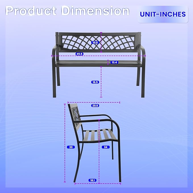 24/7 Shop at Home Lance 46 Inch Modern Metal Outdoor Bench with Back, All Weather Resistant and Non-Slip Footrest, Front Porch Furniture for Yard, Lawn, Park, Patio, Garden Chair, Black