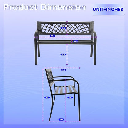 24/7 Shop at Home Lance 46 Inch Modern Metal Outdoor Bench with Back, All Weather Resistant and Non-Slip Footrest, Front Porch Furniture for Yard, Lawn, Park, Patio, Garden Chair, Black
