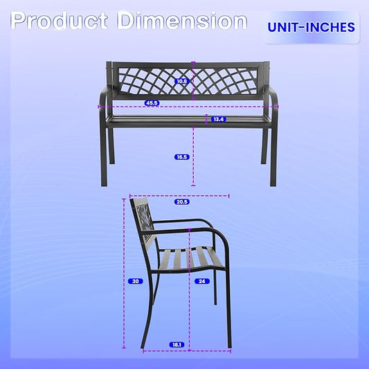 24/7 Shop at Home Lance 46 Inch Modern Metal Outdoor Bench with Back, All Weather Resistant and Non-Slip Footrest, Front Porch Furniture for Yard, Lawn, Park, Patio, Garden Chair, Black