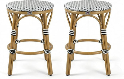PURPLE LEAF Patio French Round Counter Stool Set of 2 Large 26" Rattan Backless Barstool Bamboo Print Aluminum Frame with Woven Wicker for Indoor Outdoor Island Bar Chair White and Black