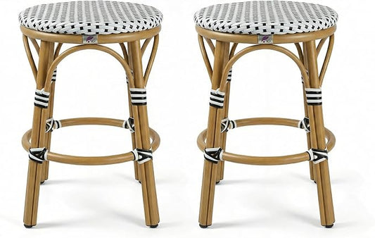 PURPLE LEAF Patio French Round Counter Stool Set of 2 Large 26" Rattan Backless Barstool Bamboo Print Aluminum Frame with Woven Wicker for Indoor Outdoor Island Bar Chair White and Black