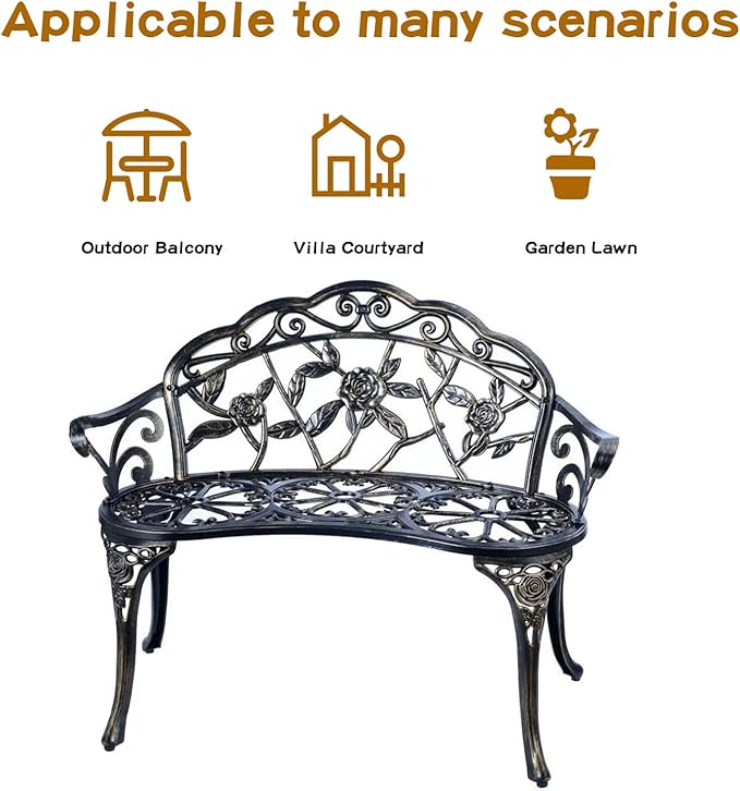 JARDIN DE CENTENNIAL Patio Garden Bench Metal Park Bench Cast Aluminum Outdoor Furniture with Floral Rose for Patio - Photo 3