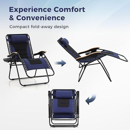MAISON ARTS Oversized XXL Padded Zero Gravity Chair Set of 2, 30" Wide Seat Foldable Patio Recliner, Anti Gravity Outdoor Lawn Chair with Cup Holder & Pillow, Supports 400lbs, Blue