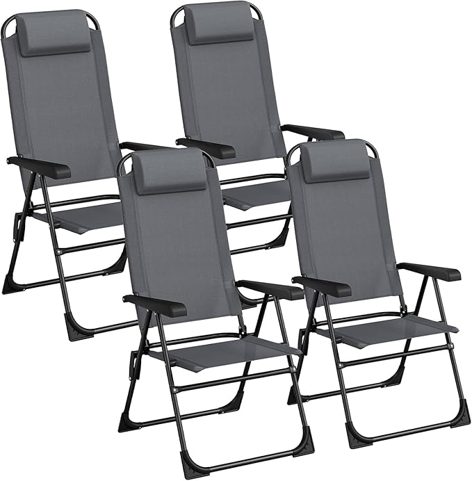 TLSUNNY Folding Patio Chairs Set of 4, Outdoor Lawn Chair w/ 5 Level Adjustable Teslin Back, Removable Headrest - Photo 1